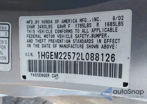 2002 Honda Civic Lx z USA, uszkodzony, nr VIN 1HGEM22572L088126